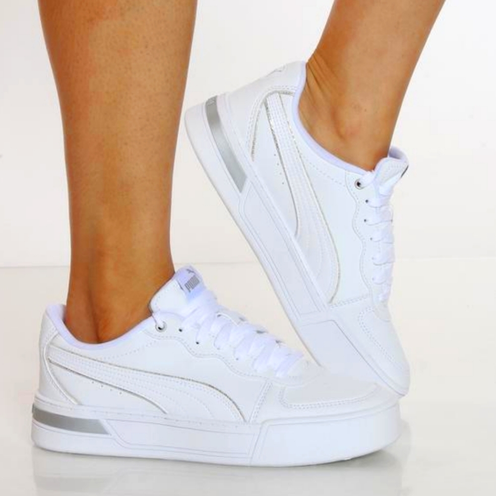 NIB PUMA Skye Metallic White Leather Platform Running Walking Sneakers sz 10